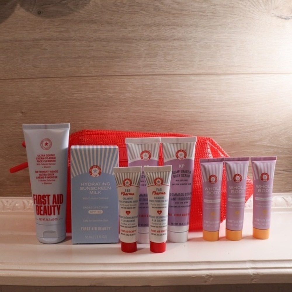 First Aid Beauty Skin Care 9 Piece Bundle Face Body Sunscreen Skincare w/ Bag